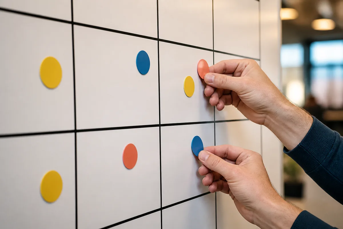 Mains disposant des étiquettes de couleur sur un tableau blanc de suivi d&rsquo;indicateurs