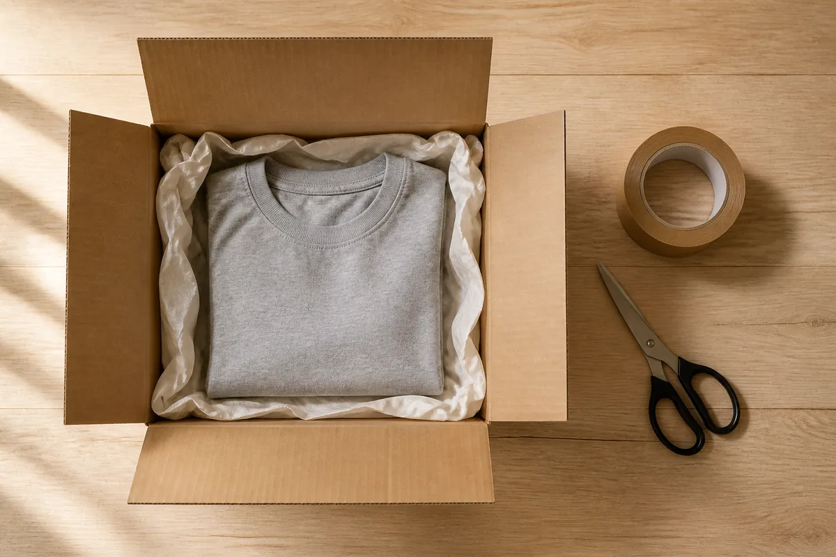 Carton d&rsquo;expédition ouvert avec un vêtement plié sur une table en bois clair