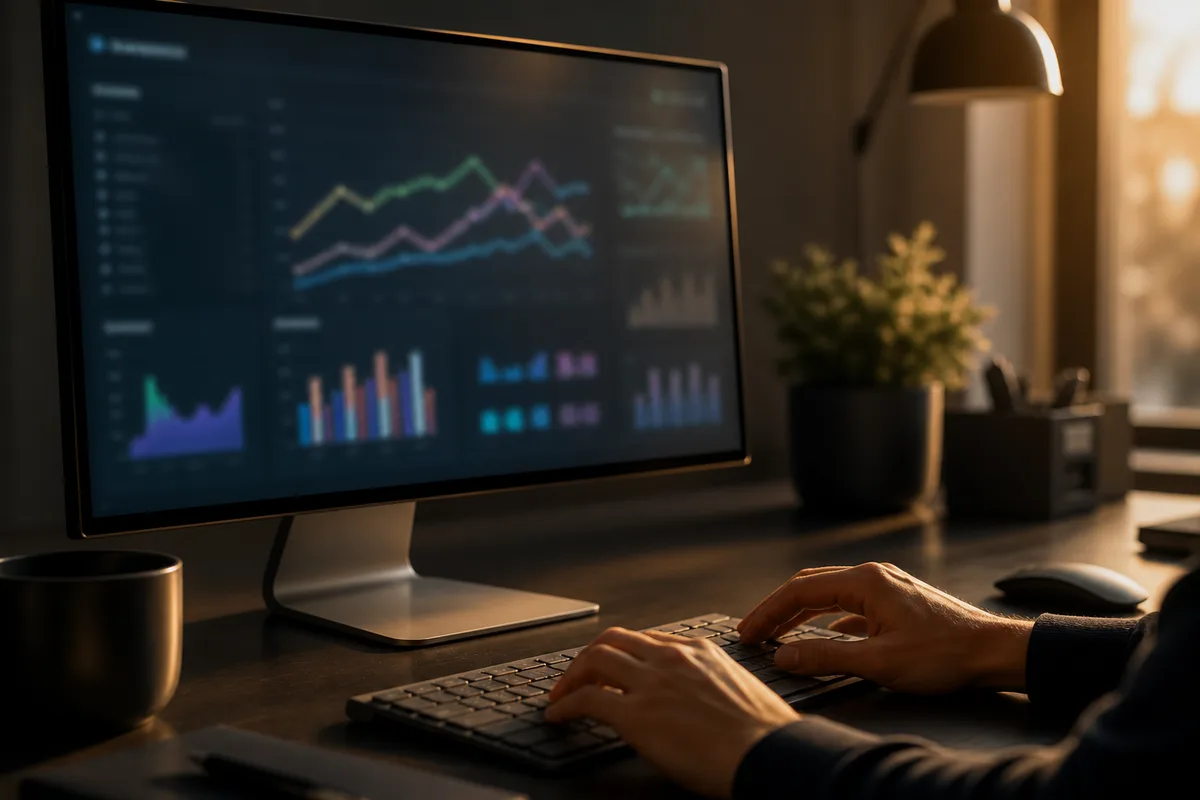 Écran d&rsquo;ordinateur affichant des courbes de performance floues avec mains sur clavier