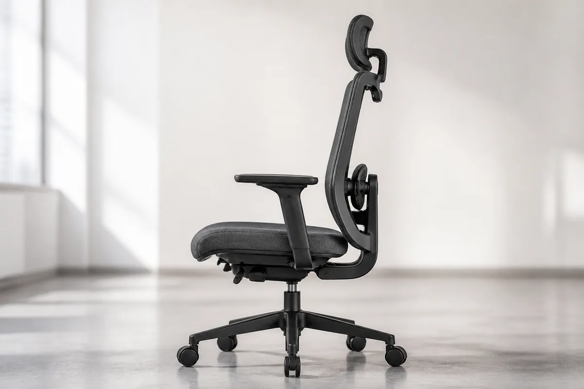 Fauteuil de bureau ergonomique gris photographié de profil dans un bureau lumineux, manettes de réglage visibles sous l&rsquo;assise