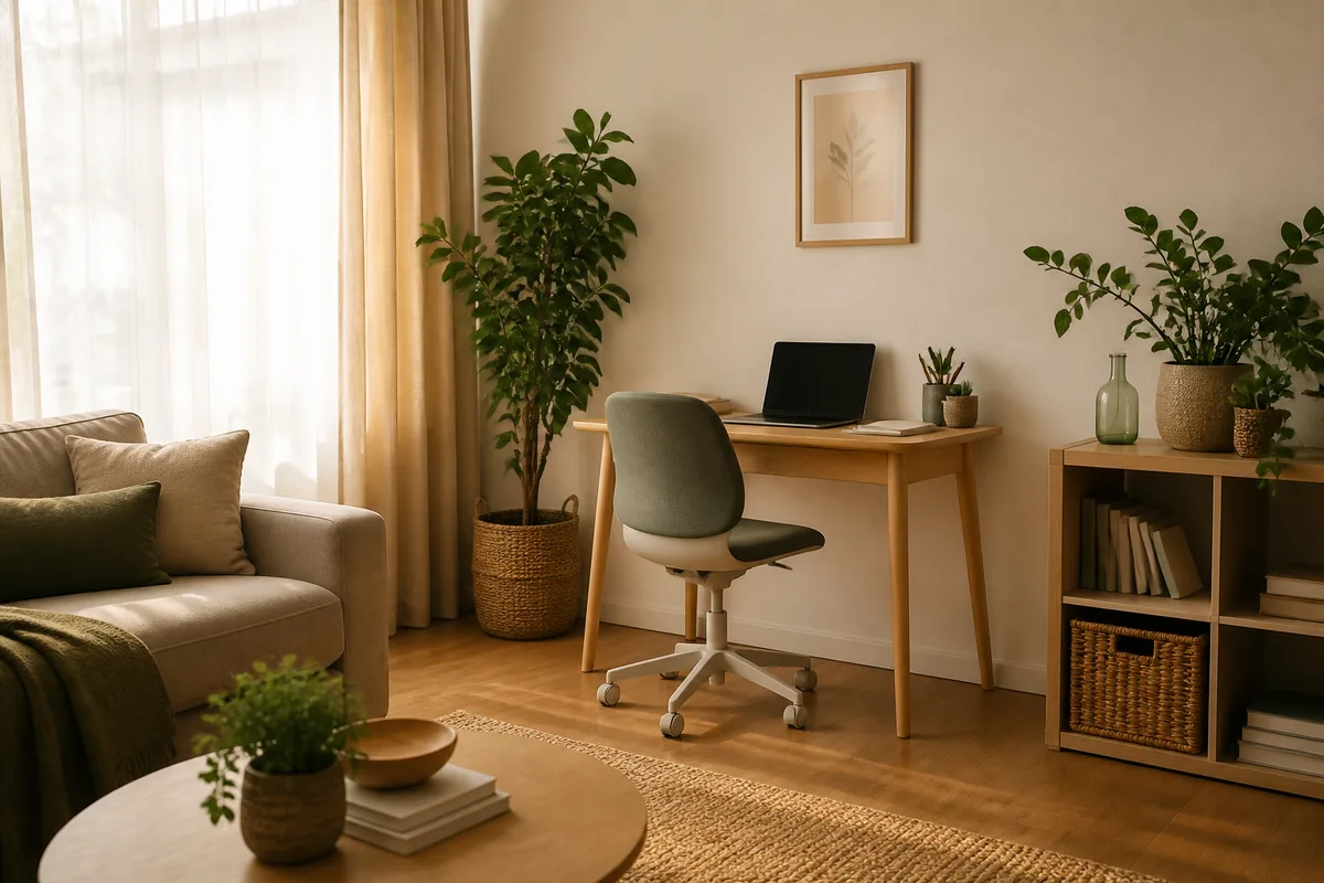 Coin bureau installé dans un salon lumineux avec un siège de travail compact et une petite table en bois clair