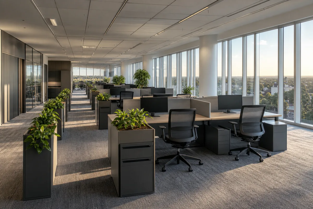 Bureau d&rsquo;entreprise avec plusieurs postes de travail équipés de sièges de travail réglables, lumière naturelle et plantes vertes