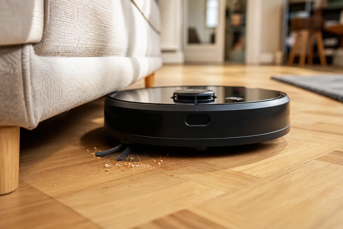 Aspirateur robot en nettoyage sur un parquet clair au pied d&rsquo;un canapé dans un salon lumineux