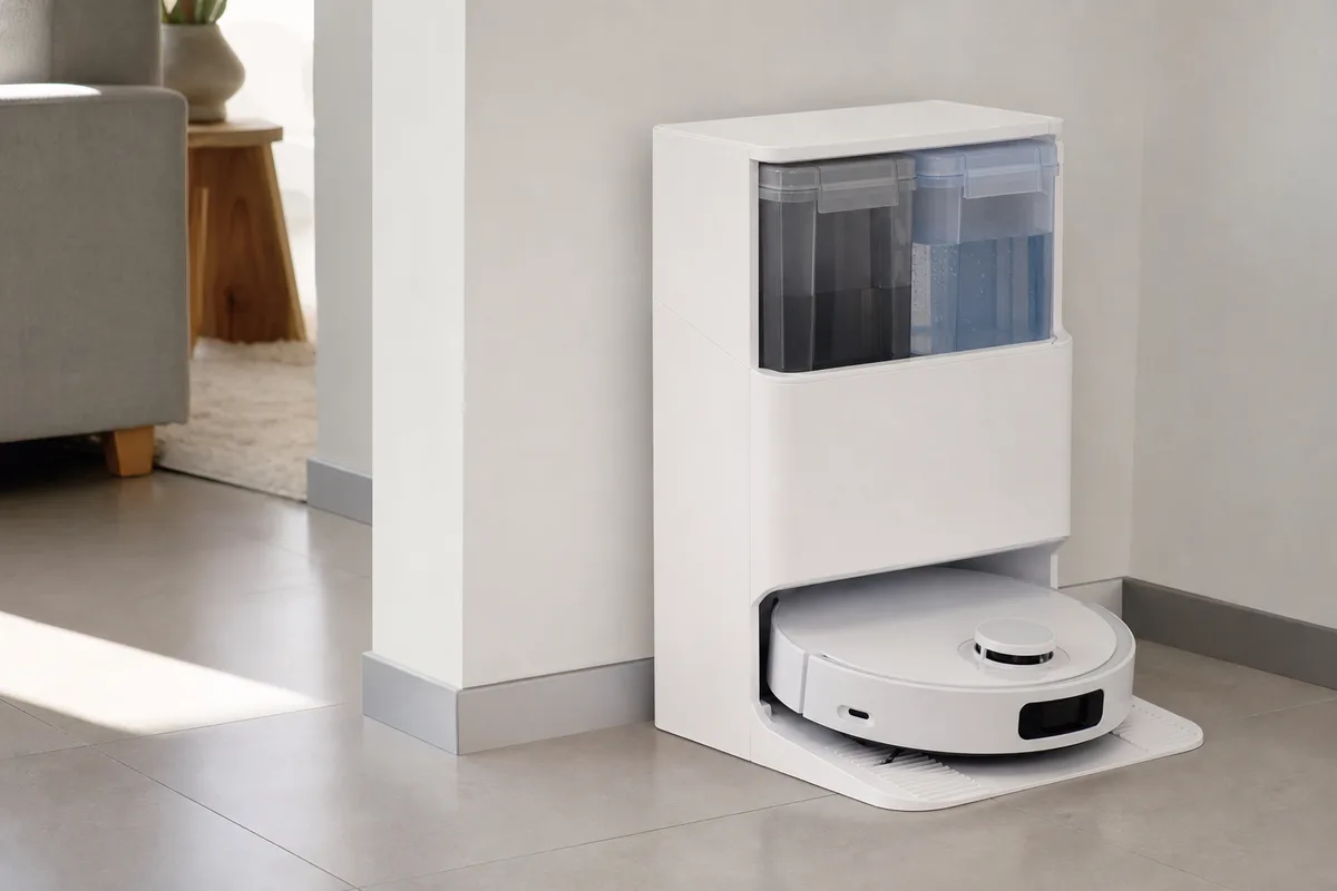 Station d&rsquo;accueil d&rsquo;un aspirateur robot avec bac de vidage automatique dans un coin de pièce