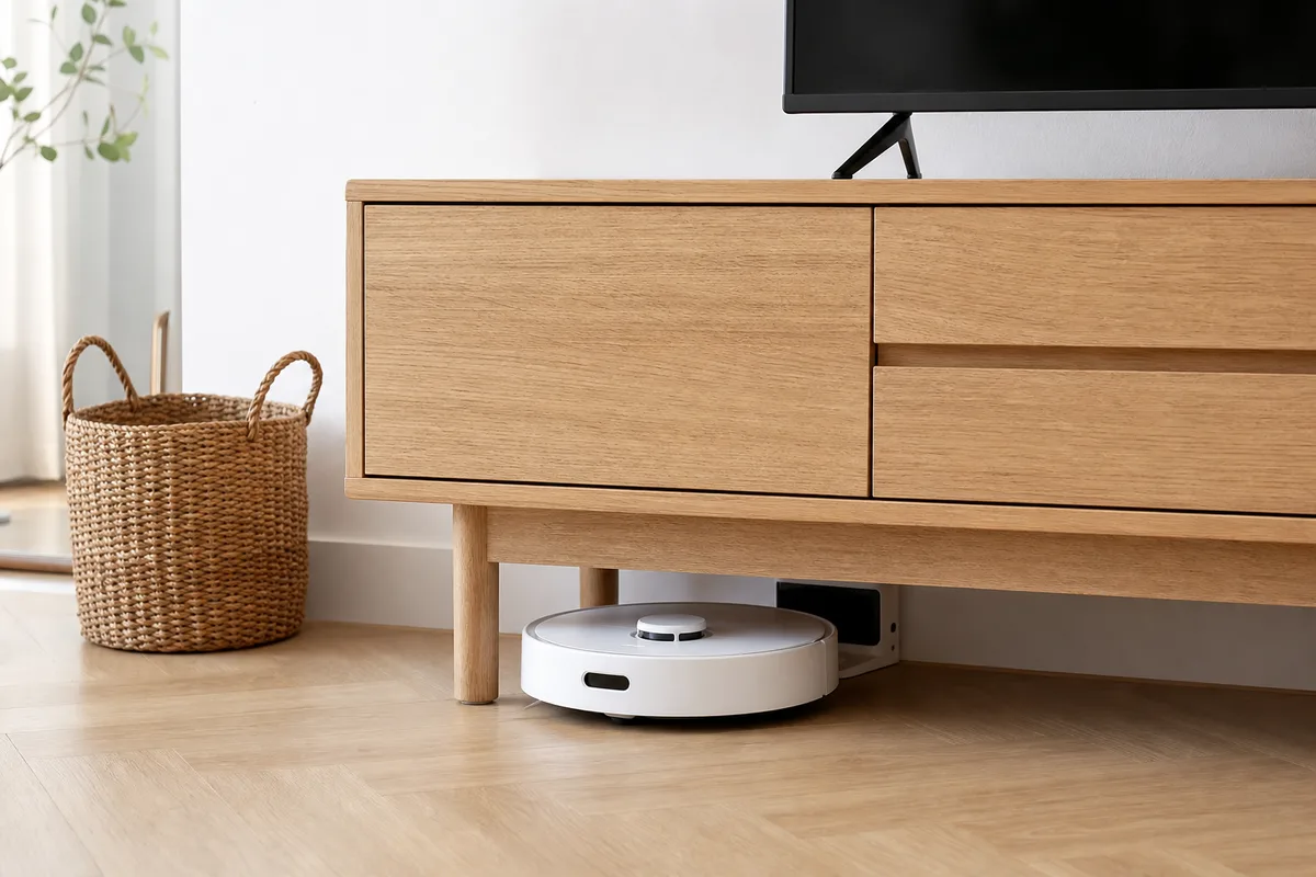 Aspirateur robot rangé à sa base sous un meuble bas dans un intérieur épuré