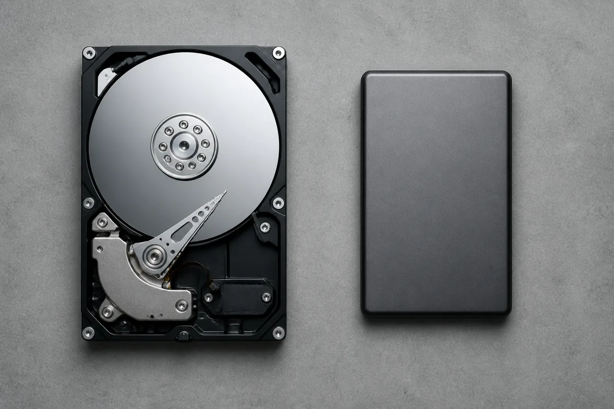 Disque dur externe à plateaux ouvert posé à côté d&rsquo;un boîtier SSD compact sur un plan de travail clair
