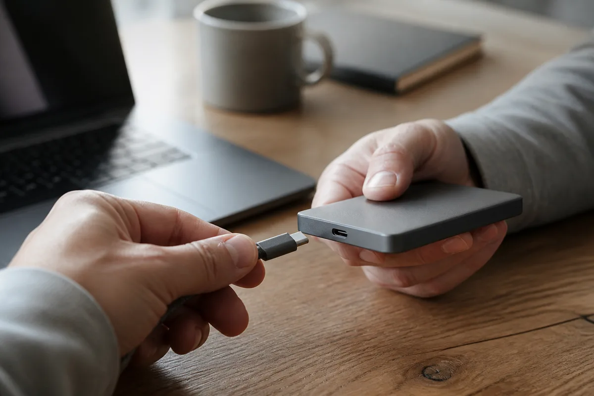Main branchant un câble USB-C sur un boîtier de stockage externe posé près d&rsquo;un ordinateur portable ouvert