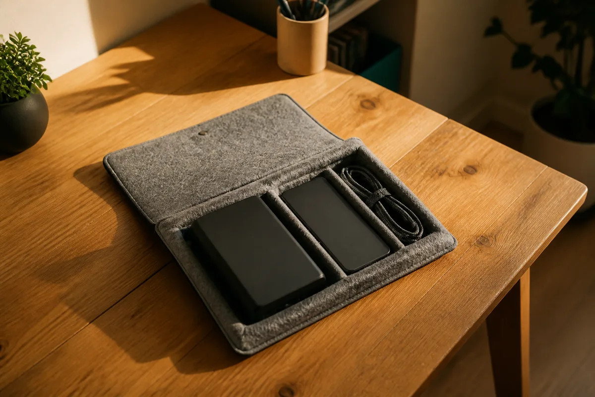 Deux boîtiers de stockage externe rangés dans une pochette rembourrée sur un bureau en bois, lumière douce de fin de journée