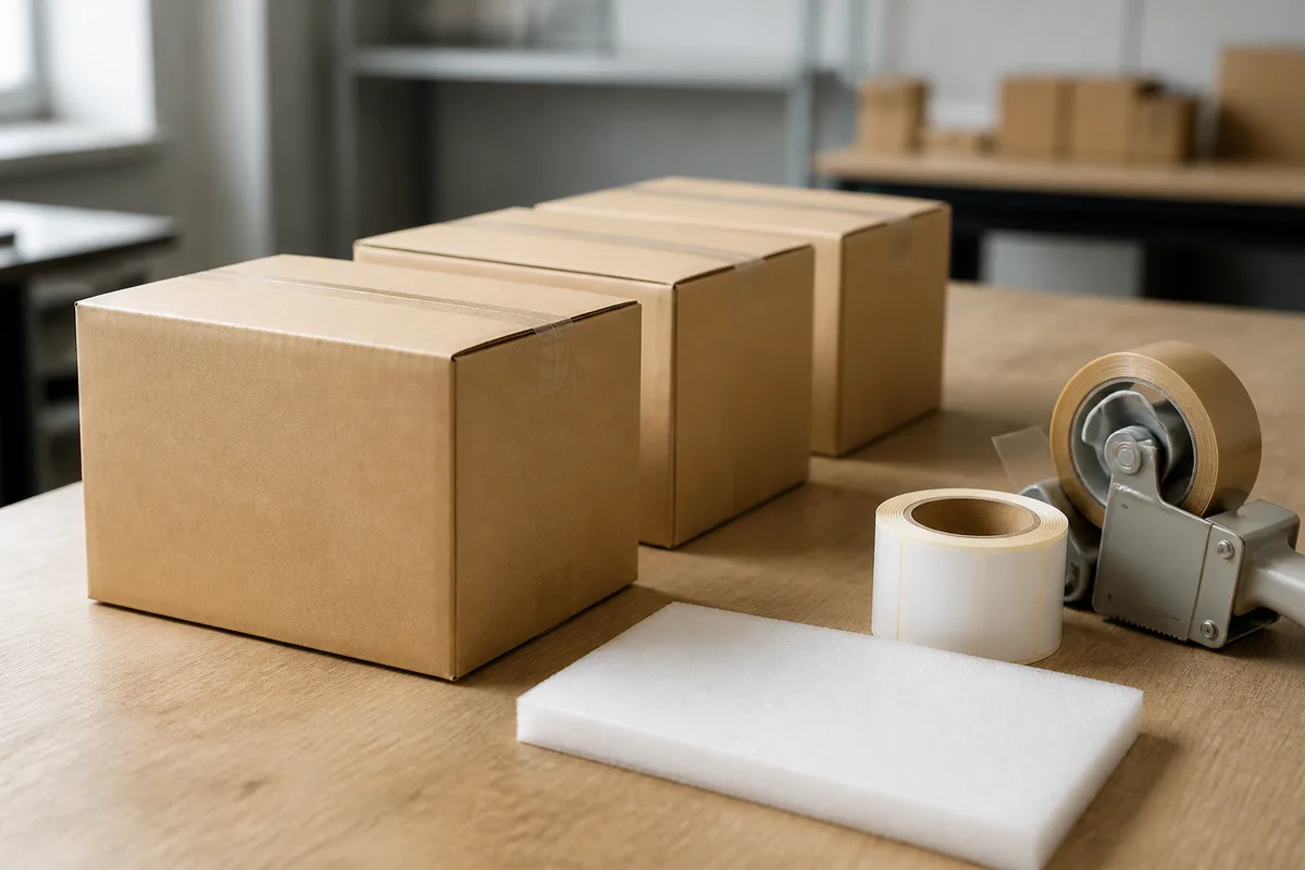 Table de préparation de commandes avec cartons, ruban adhésif et étiquettes vierges dans un atelier lumineux