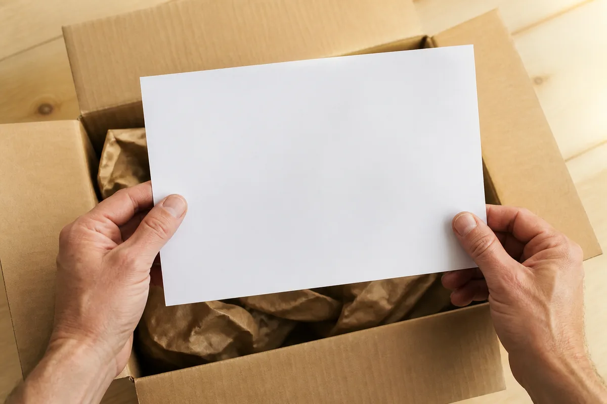 Mains vérifiant un bordereau papier au-dessus d&rsquo;un colis ouvert sur un plan de travail en bois clair