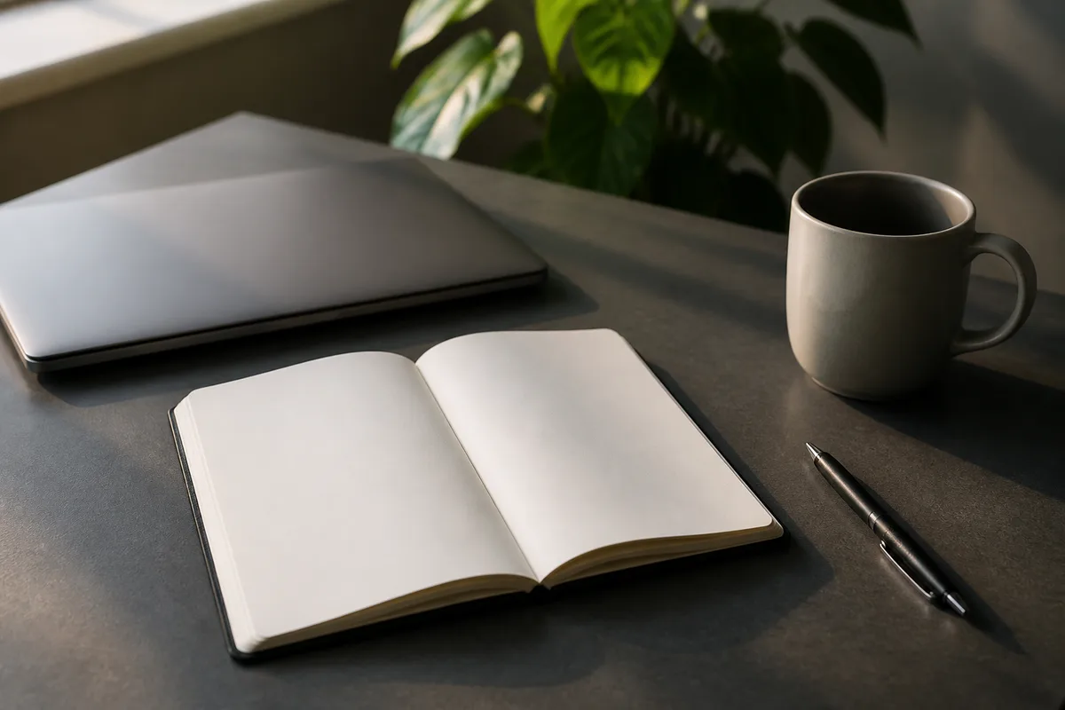 Écran d&rsquo;ordinateur portable fermé posé près d&rsquo;un carnet ouvert et d&rsquo;une tasse sur un bureau de petite entreprise