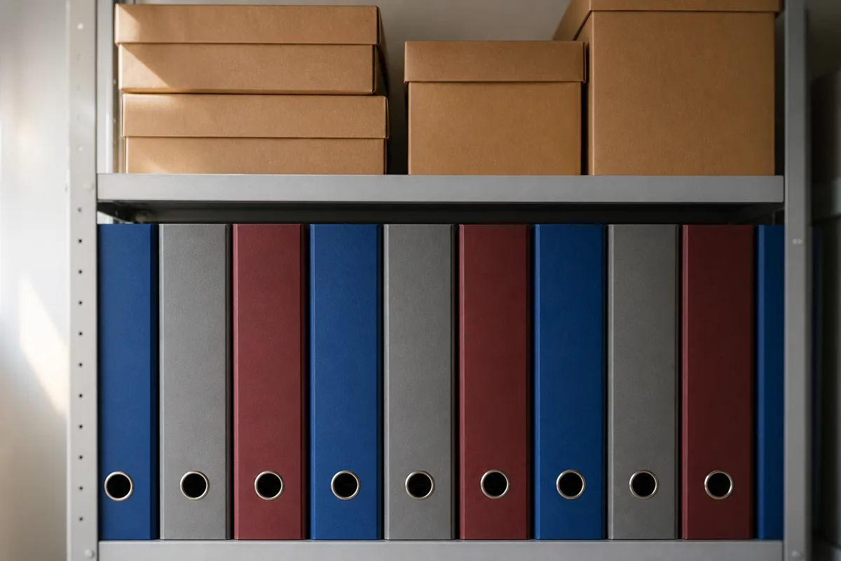 Rayonnage de bureau garni de classeurs à levier et de boîtes d’archives en carton