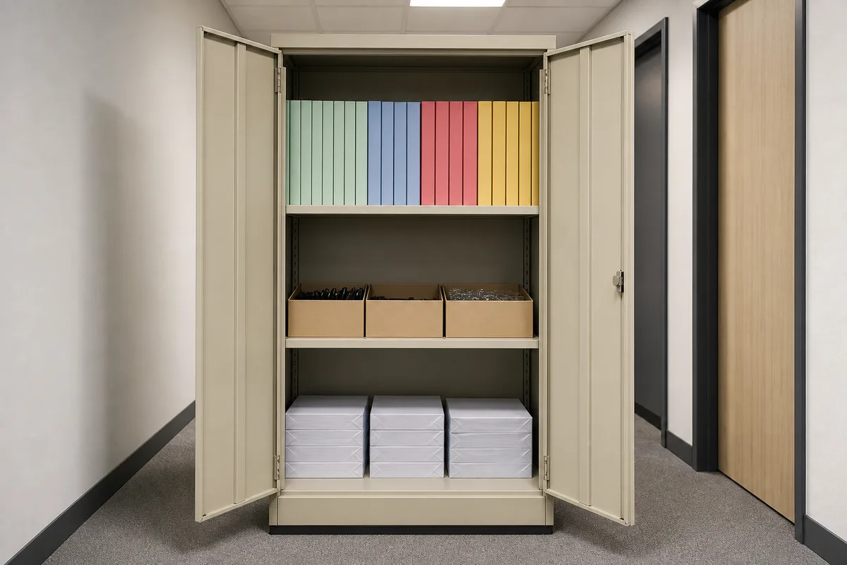 Armoire de fournitures de bureau ouverte avec ramettes de papier et boîtes de stylos rangées par étagère