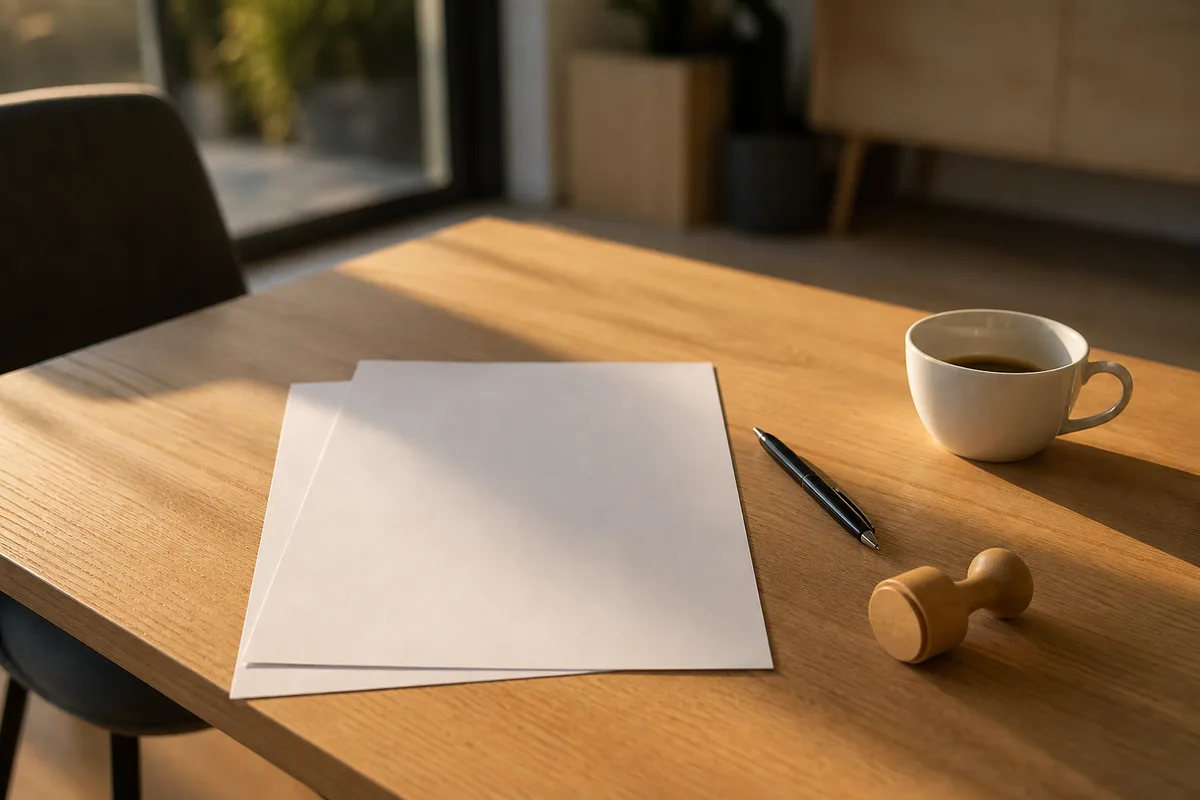 Table de réunion avec formulaires papier vierges, tampon dateur et tasse de café