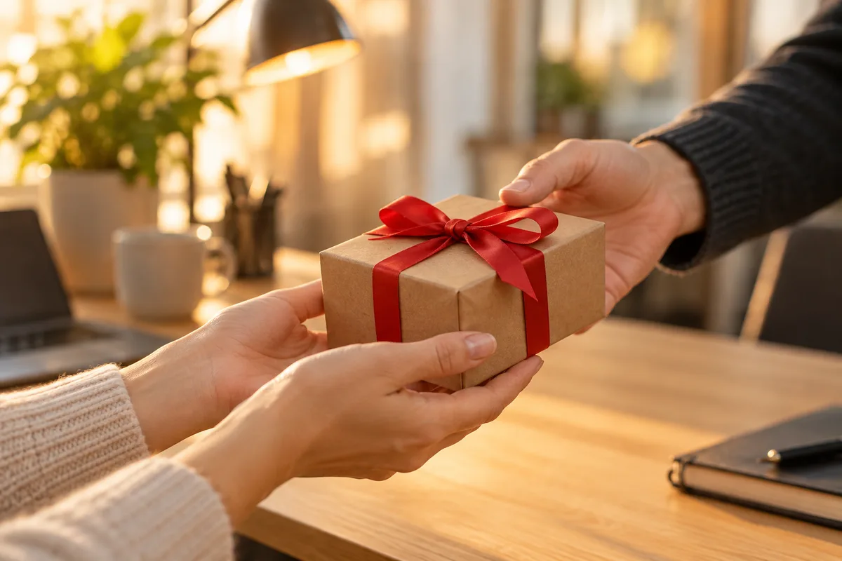 Deux mains échangent une petite boîte cadeau unie au-dessus d’un bureau