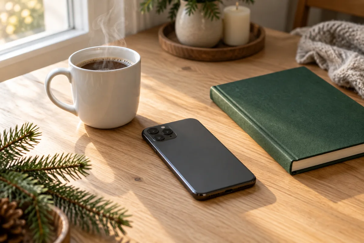 Téléphone retourné sur une table à côté d’un mug et d’un carnet fermé