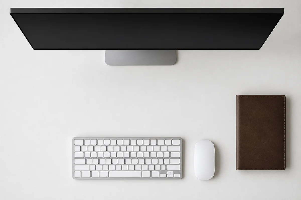Vue de dessus d’un plateau de bureau montrant la profondeur entre l’écran et le clavier