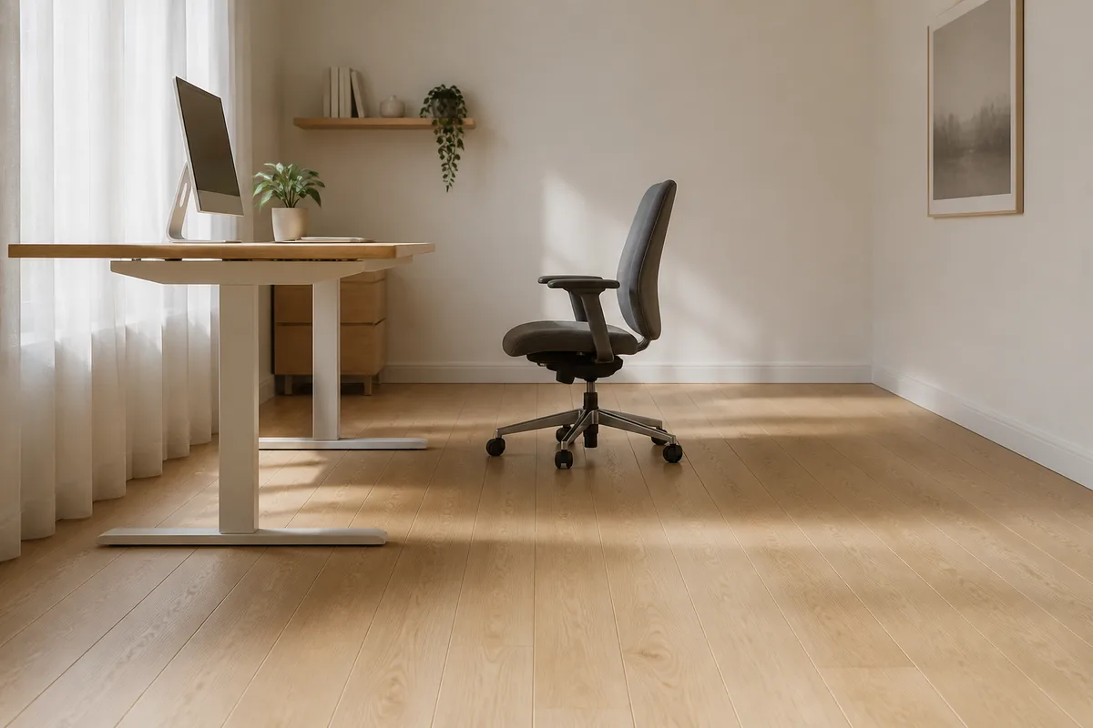 Bureau vu de profil avec le fauteuil reculé et le dégagement de circulation derrière