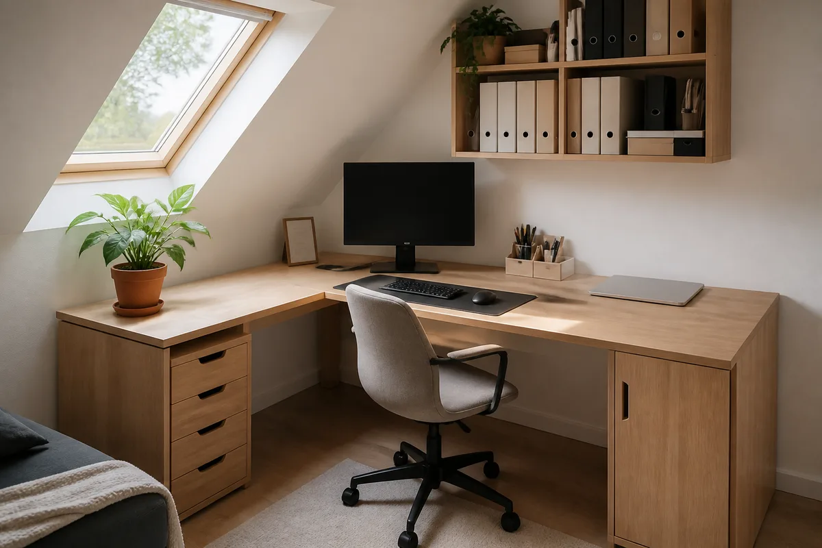 Bureau d’angle en L installé dans le coin d’une petite pièce claire