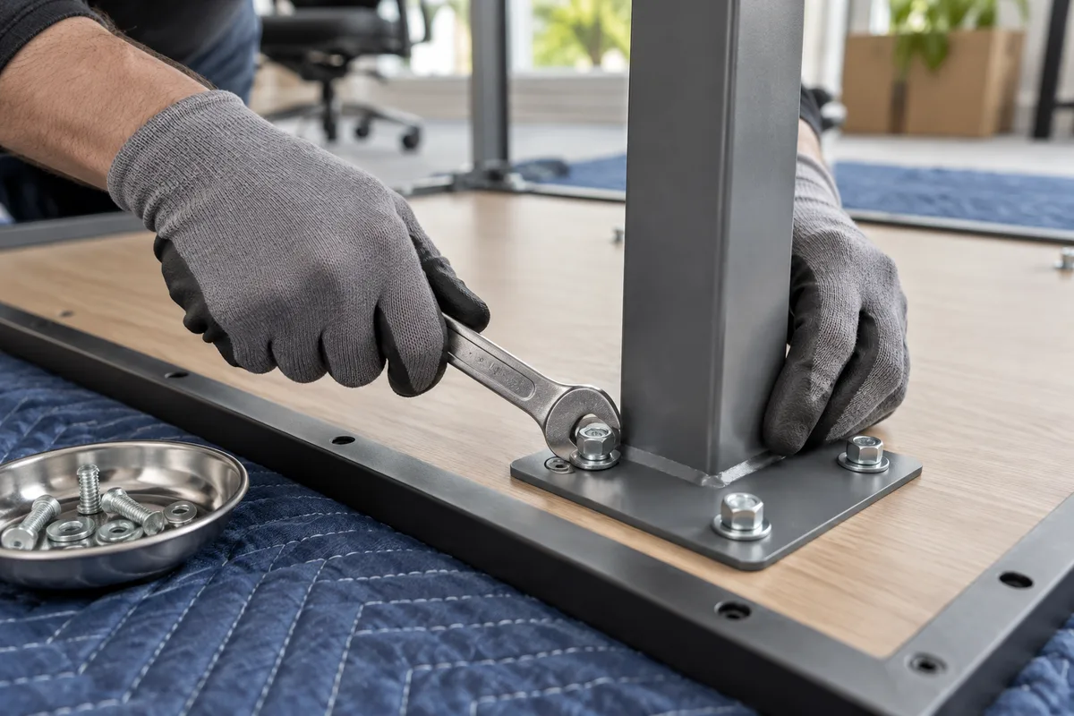 Mains gantées qui démontent le pied métallique d&rsquo;un bureau avec une clé plate