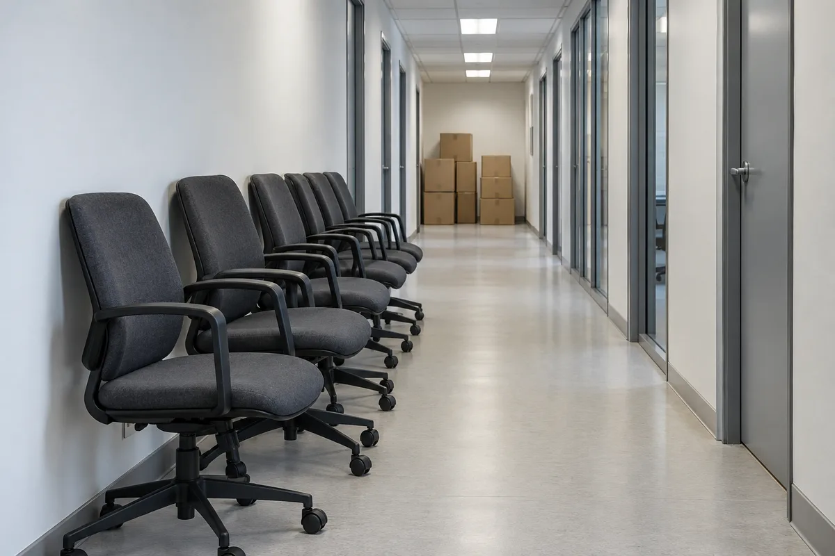 Chaises de bureau alignées dans un couloir vide, prêtes à être enlevées