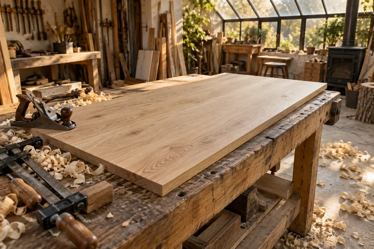 Ancien plateau de bureau en bois poncé sur un établi d&rsquo;atelier, copeaux au sol