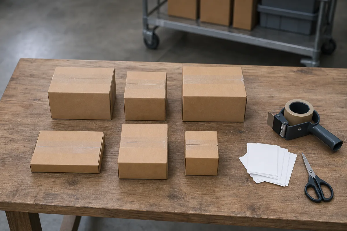 Poste de travail d&rsquo;un service client de boutique en ligne avec casque audio et cartons d&rsquo;expédition