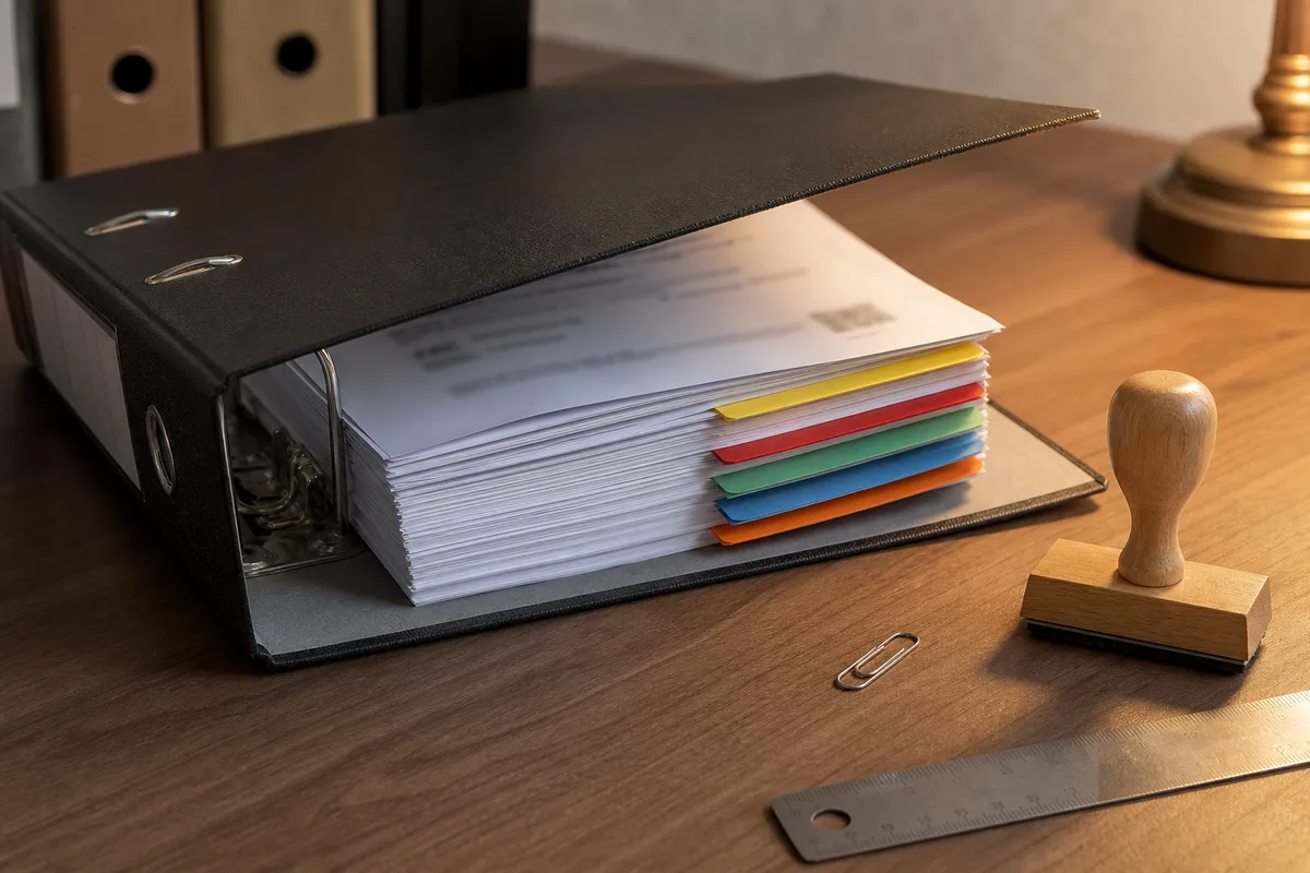 Classeur de conditions générales de vente imprimées avec intercalaires sur un bureau