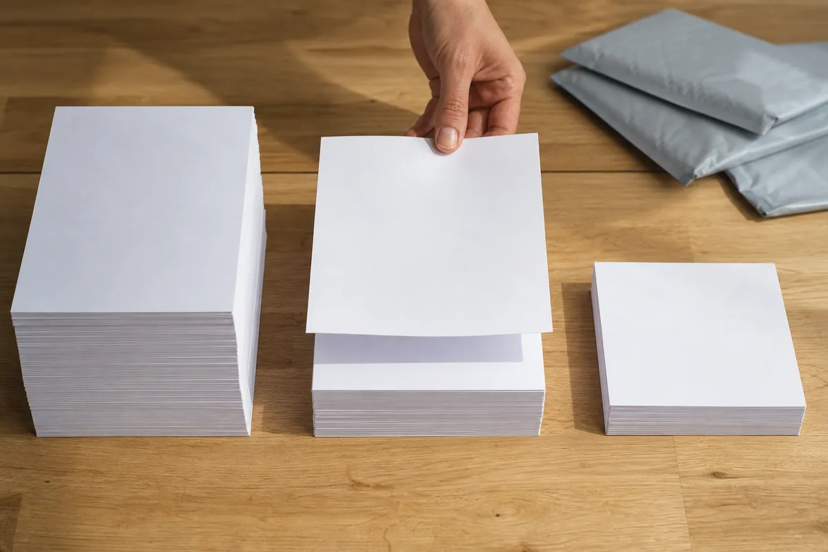 Trois piles de bordereaux de retour et d&rsquo;étiquettes d&rsquo;expédition triées sur une table en bois