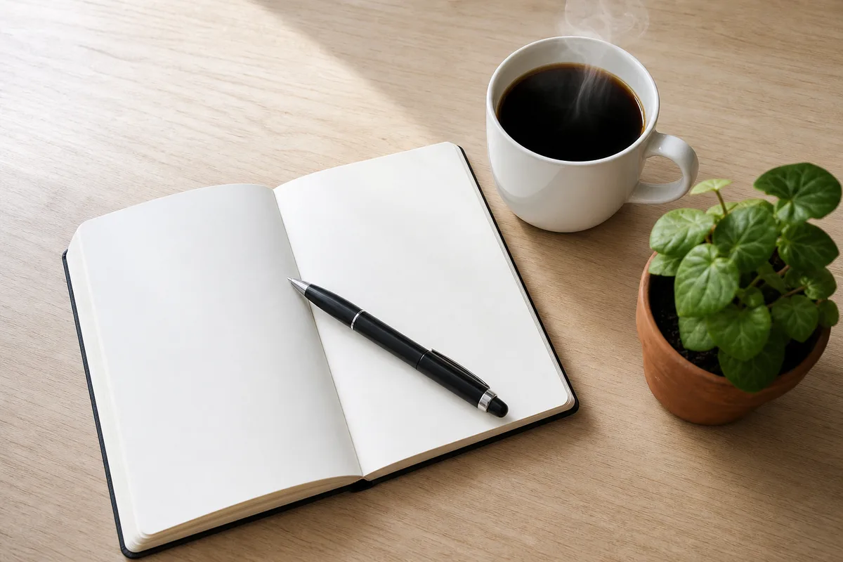 Carnet ouvert et stylo posés près d&rsquo;une tasse de café sur un plan de travail clair